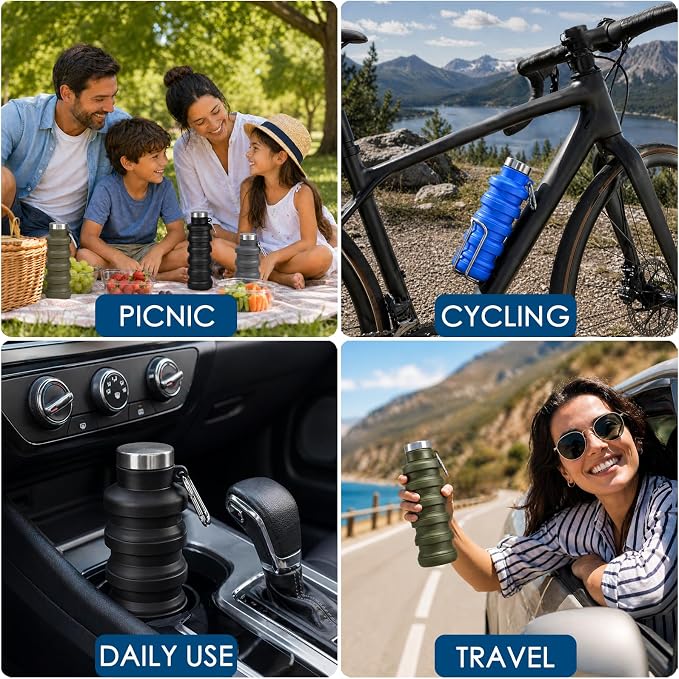 4 Pack Collapsible Water Bottles, 16oz Portable Reusable Silicone Water Bottle, Foldable Water Bottles for Travel Gym Camping Hiking, Leak Proof Sports Water Bottle with Carabiner (Deep Color) - Image 7