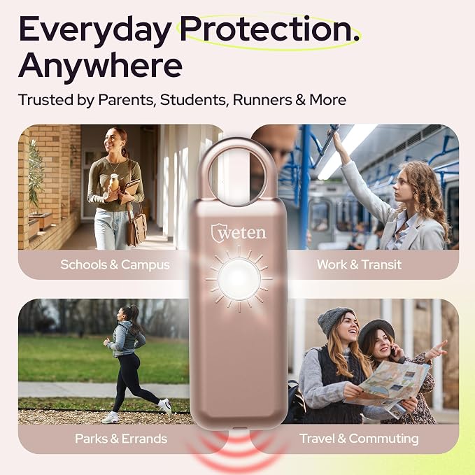 Personal Safety Alarm Keychain for Women, 130dB, LED Light, Metallic Rose | USB-C Rechargeable, Bottom Speaker Siren, Wristlet and Carabiner Clip, Weatherproof, Low Battery Alert - Image 6