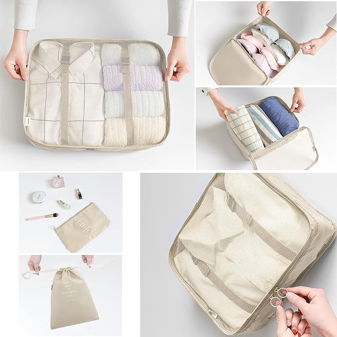 LANSKLBD 6/8 Set Packing Cubes for Suitcases Travel Luggage Packing Organizers,Travel Accessories Essentials Luggage Organizer with Shoe/Tioletry/Laundry Bag (Beige, 6 set) - Image 4