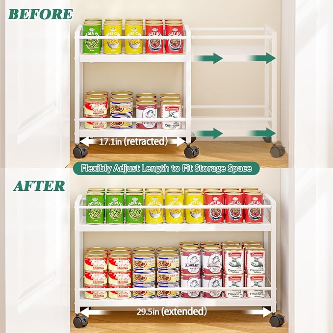 2 Pack 2-Tier Expandable Rolling Pantry Cart with Wheels, Adjustable Floor Organizer for Kitchen Pantry, Can Organizer for Pantry, Storage Cart for Snack, Food, Vegetables, White, Patent Pending - Image 5