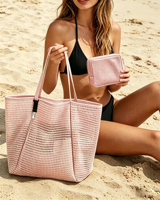 Beach Bag, Mesh Tote Bag for Women, Pool Bag for Travel, Shoulder Bag for Beach Picnic, Hobo Women Casual Foldable Handbag - Image 2