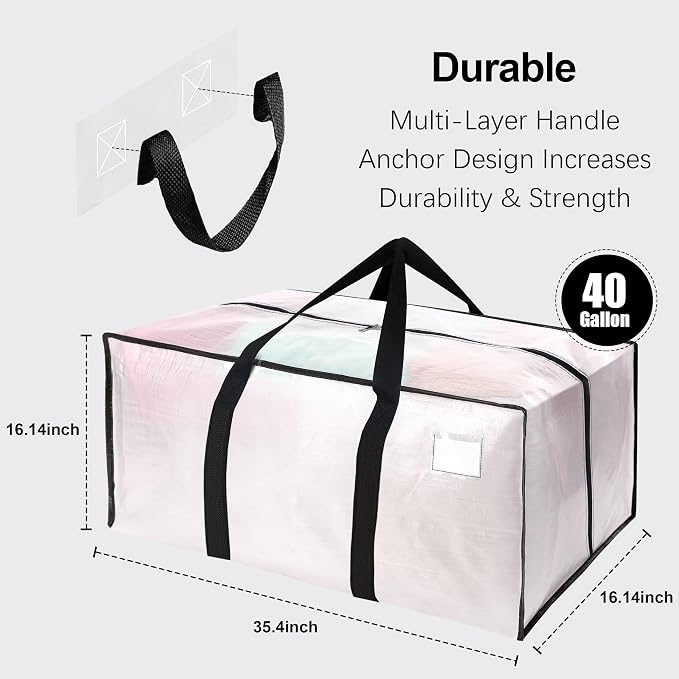6 Pack Heavy Duty Extra Large Moving Bags W/Backpack Straps - Strong Handles & Zippers, Storage Totes For Space Saving, Fold Flat, Alternative to Box and Bin (40 gal, Semi-Transparent) - Image 2