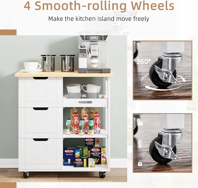 Shintenchi Kitchen Island Cart with Storage,Rolling Kitchen Island Storage Cabinet,Side Table on Wheels with Worktop,3 Open Shelves and 3 Drawers for Kitchen,Dinning Room, White - Image 4