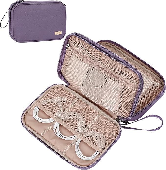 NISHEL Electronics Travel Organizer Cord Case, Charger Cable Tech Bag | Double-layer bag keeps chargers, cables, flash drive, and small tech essentials organized for trip, Large, Purple by NISHEL