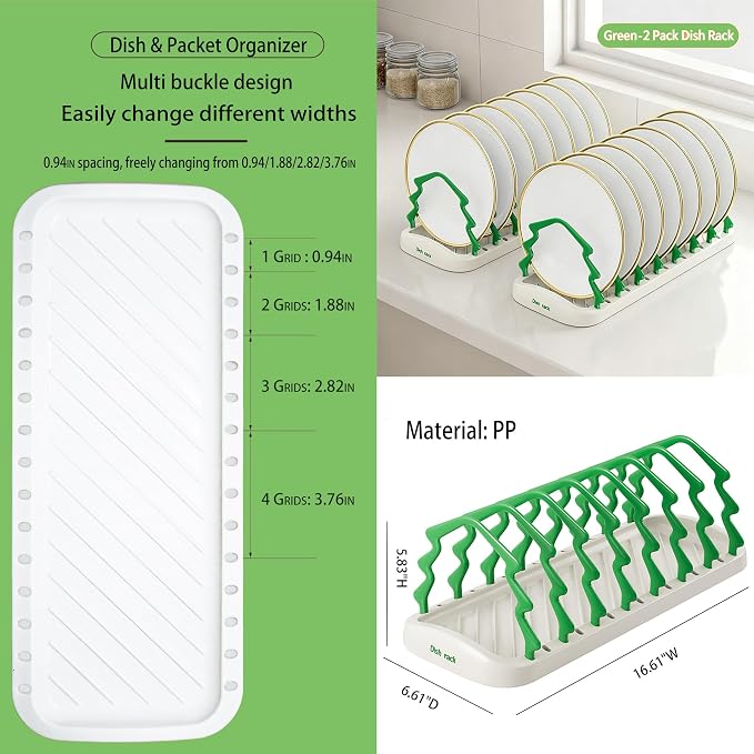 2 Pack Adjustable Plate Organizer for Cabinet, Vertical Dish Organizer | Space-Saving Kitchen Cabinet Storage for Plates, Bowls & Seasoning Packets, Adjustable Dividers for Small Kitchens & RVs - Image 6