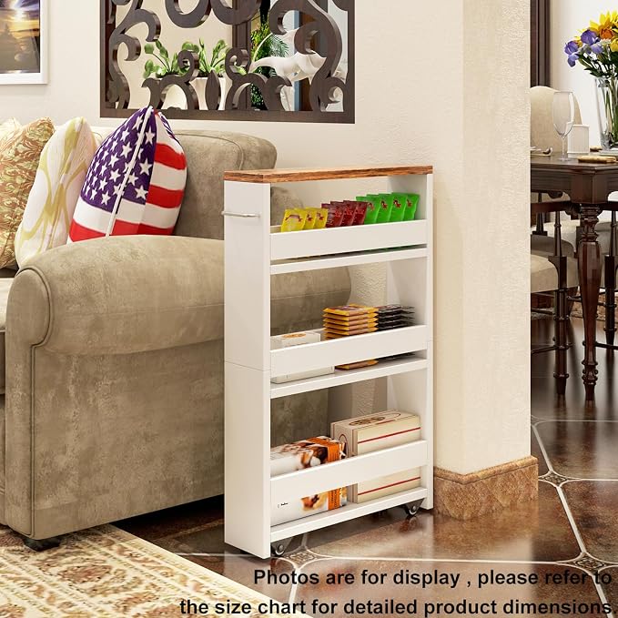 TEAMIX Slim Rolling Storage Cart, Wood 4-Tier Narrow Kitchen/Laundry Cart | 5.5"W Thin Cabinet with Wheels and Handle, Use as Spice Rack Next to Fridge, Laundry Room Organization Between Washer & Dryer - Image 6