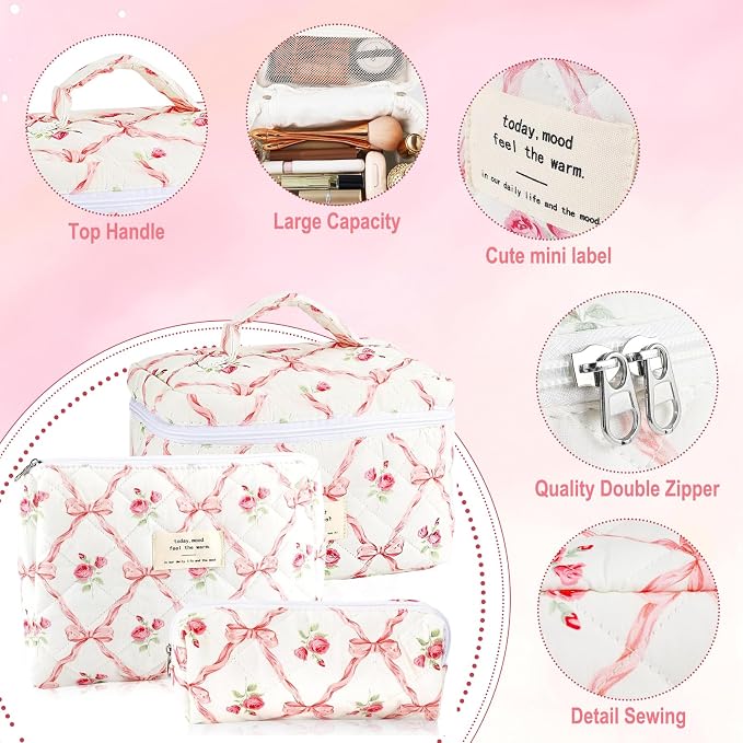 URSKYTOUS 3Pcs Makeup Bag Quilted Cosmetic Bag Set Bow Travel Large Makeup Pouch for Women Cute Portable Cotton Toiletry Bag Skincare Organizer Coquette Vintage Travel Essential - Image 3