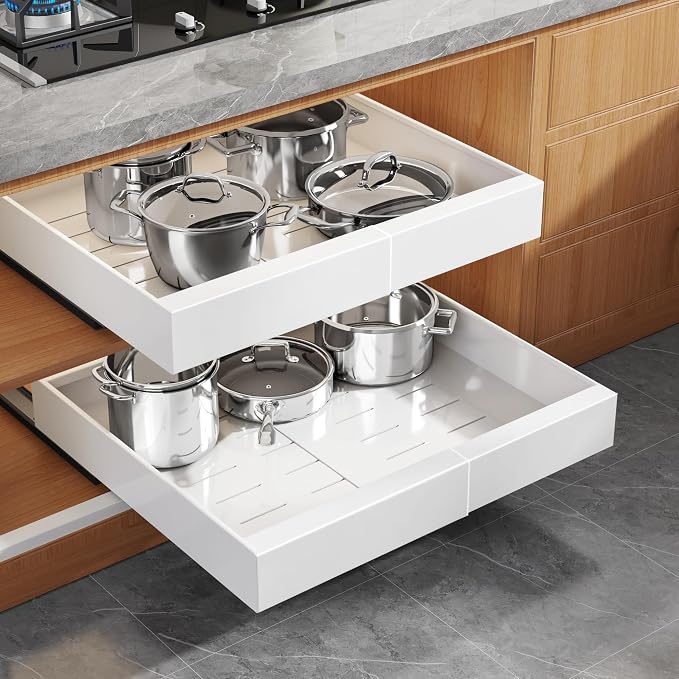 Seinloes 2 Pack Expandable Pull Out Cabinet Organizer 16.5"Deep with Raising Pad for Framed Cabinets,Upgrade 3 Slide Rails Slide Out Drawers,Roll Out Shelves Adhesive,Adjustable Width 12.2"-20.4"White by Seinloes