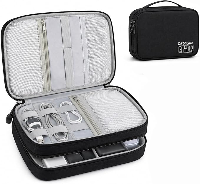 Electronic Organizer Travel Essentials Case, Waterproof Double Layer Cable Storage Pouch Bag for Charger, USB Cords, Power Bank, Phone Mouse SD Card Earphone Camera, Tablet (Up to 11 inch) - Image 14