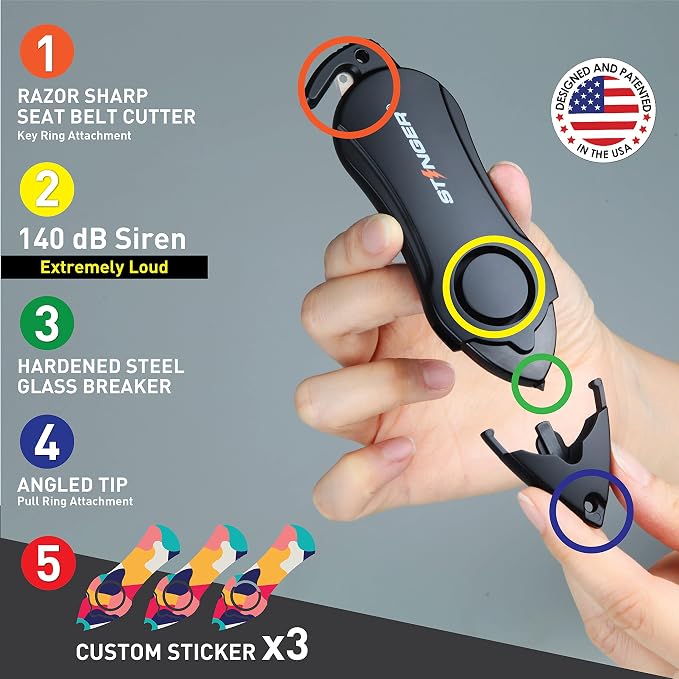 StingerUSA 140dB Siren Personal SafetyAlarm Keychain Emergency ToolColorful | Panic Alarm Siren, Seatbelt Cutter, Car Window Breaker, Safety Device for Women Kid - Image 3