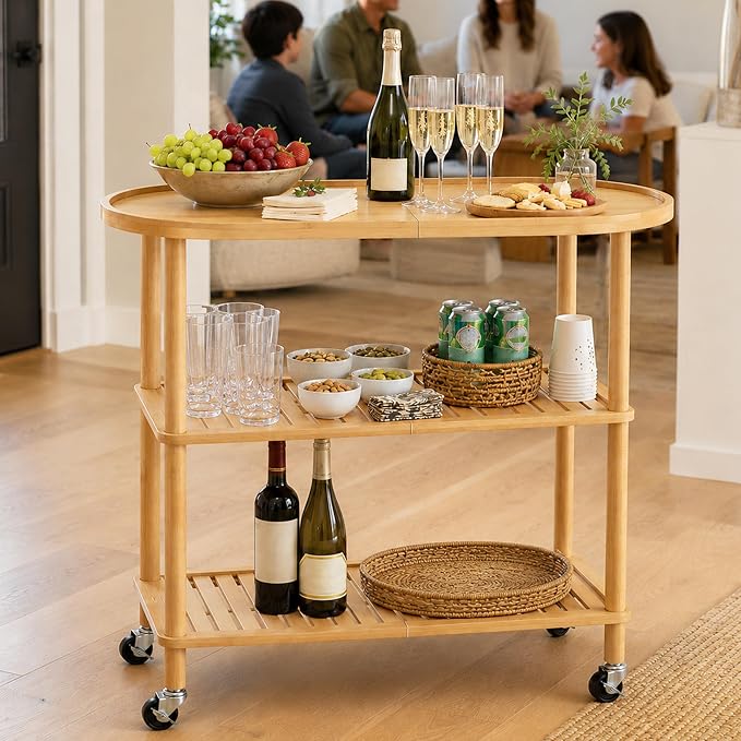 3-Tier Rolling Entryway Table, Bamboo Console Table with Anti-Fall Edge & Wheels, Oval Narrow Hallway Table for Entryway, Living Room, 30.6” Slim Sofa Side Table, Shoe Rack Shelf or Plant Stand - Image 7