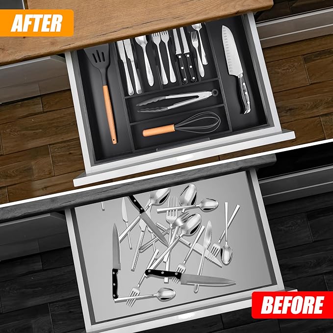 Bellsal Large Premium Bamboo Silverware Organizer - Expandable Utensil Drawer Organizer - 17"x19.6" Utensil Holder and Cutlery Tray with Grooved for Kitchen Flatware and Utensils(7-9 Slot, Black) - Image 3