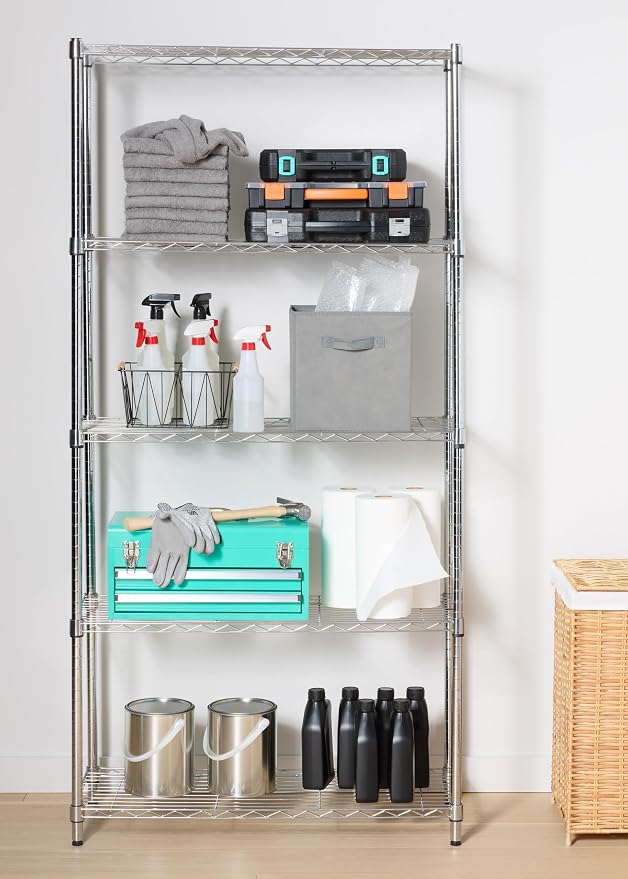 Amazon Basics 5-Shelf Adjustable Heavy Duty Steel Wire Rack, Space Saving Storage Shelving Organizer for Kitchen, Garage, No-Tool Assembly, 350 lbs Weight Capacity, 36" x 14" x 72", Chrome - Image 2