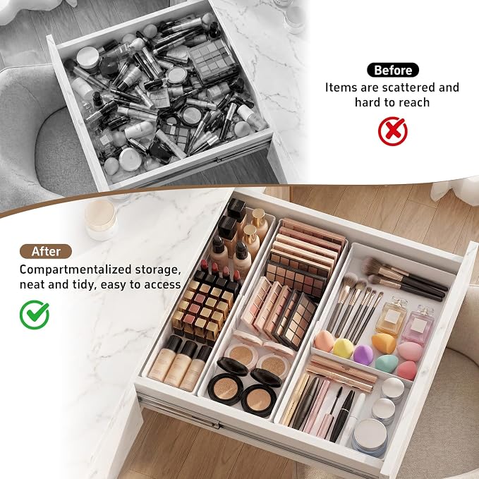 PAVSTINE 3-Pack Expandable Makeup Drawer Organizer, L/M/S | Adjustable 9.45"–16.69", Customizable Compartments, 3-Size Storage Tray for Kitchen, Bathroom, Vanity & Office - Image 6
