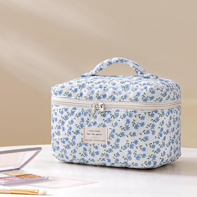 HBselect Quilted Makeup Bag, 3Pcs Cotton Large Travel Makeup Bags Organizer | Cute Floral Make up Bag Cosmetic Bag Toiletry Bag for Women Girls, Makeup Pouch for Skincare, Brushes & Travel Essentials - Image 5