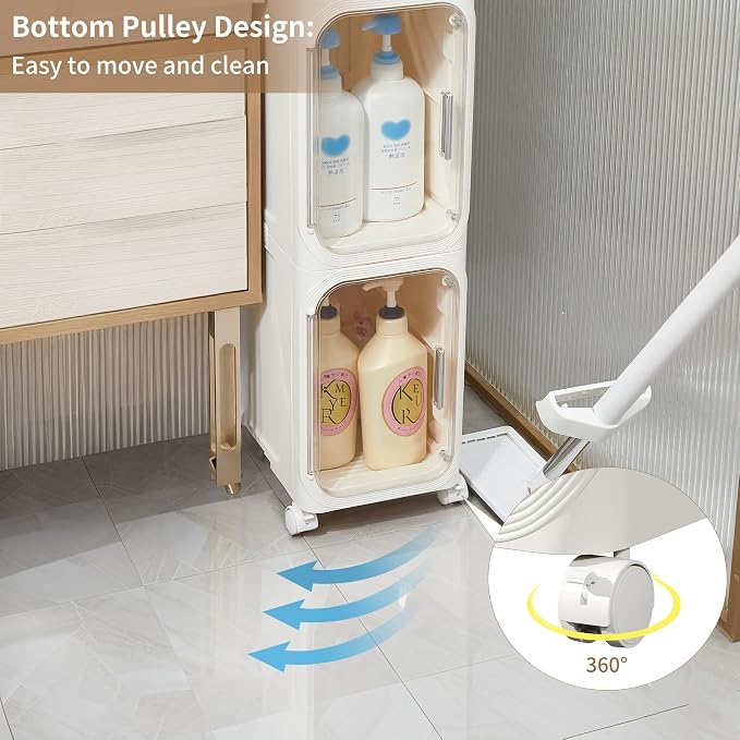 5-Tier Narrow Storage Cabinet Slim Bathroom Tall Skinny Organizer | Movable Slim Storage Cabinet with Lockable Rolling Wheels Adjustable Detachable Shelves Snap Assembly for Small Spaces,White - Image 4