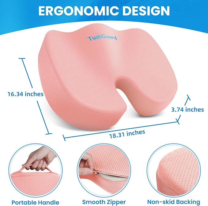 Memory Foam Seat Cushion for Office Chair, Car Seat, Pink, XL | Office Chair Cushion for Car, Airplane - Chair Pad for Long Sitting Sciatica, Hip, Coccyx,Tailbone Pain Relief, Butt Pillow - Image 2