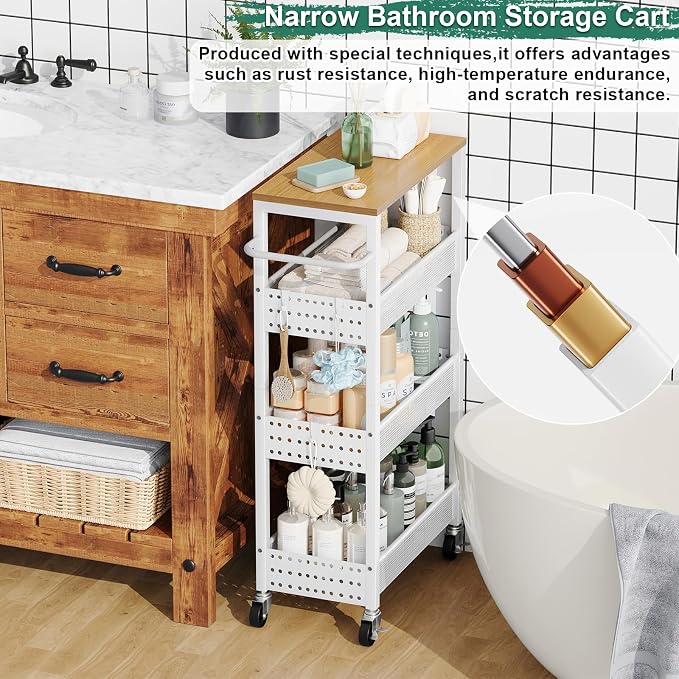 Laundry Room Slim Rolling Cart with Wheels for Between Washer and Dryer Gap | Utility Narrow Laundry Room Organization and Storage Shelves, White Skinny Shelf with Table Top,Detergent Organizer Cabinet - Image 2