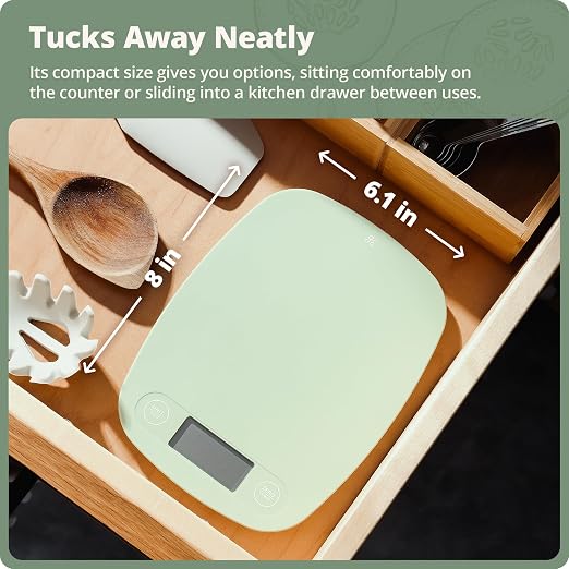 Greater Goods Food Scale, Slim & Compact Build, 1g Precision (Sage Green) | Digital Kitchen Scale for Cooking, Meal Prep & Portion Control, Tare, Auto Shut-Off, g/oz/lb/ml Conversion & Calorie Tracking - Image 8