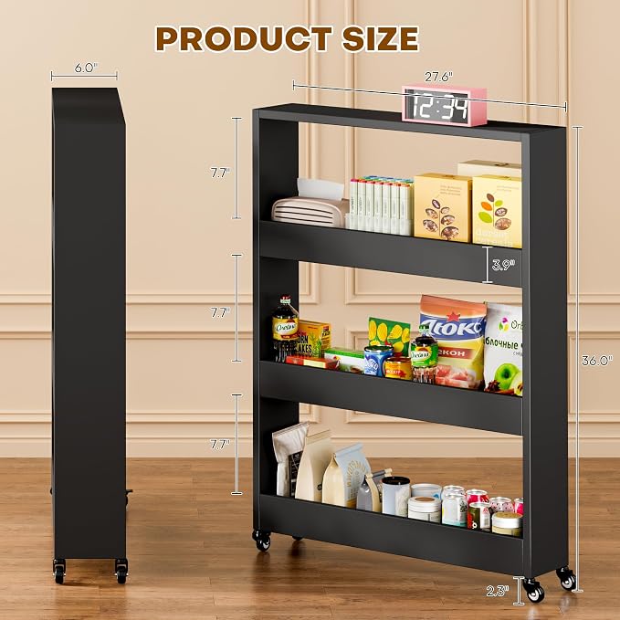 Slim Storage Cart, Lightweight 4 Tier Metal Rolling Utility Kitchen Cart on Wheels, Mobile Storage Shelving Unit Organizer for Bathroom Laundry Office Narrow Places (4 Tier-Black, 6" D) - Image 8