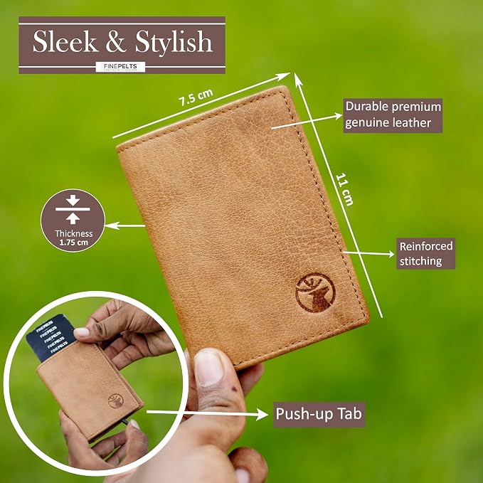 Anti-Theft Top Grain Leather RFID Card Holder Cum Minimalist Wallet for Men's and Women's (Tan) - Image 4