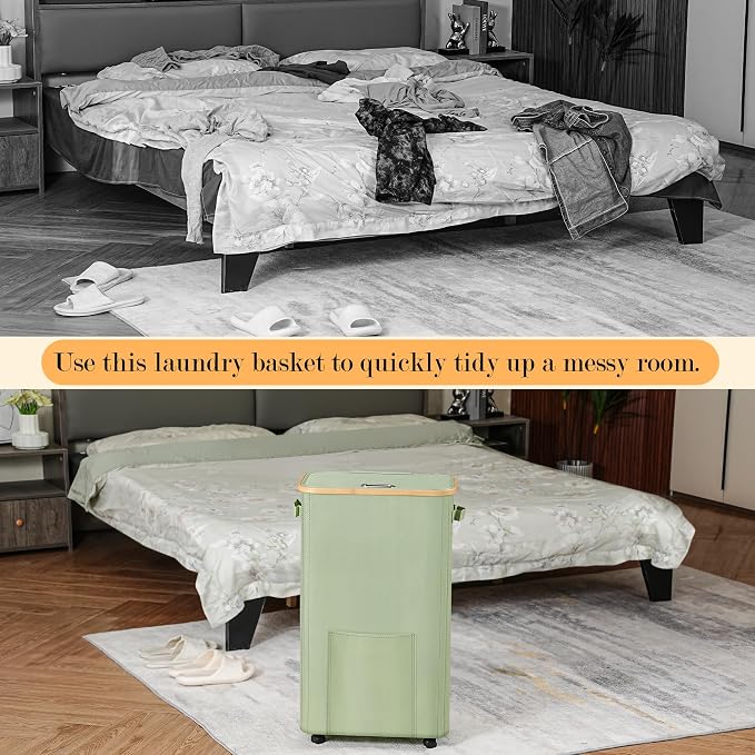 Vincona Laundry Basket with Wheels, Dirty Clothes Hamper on Wheels, Rolling Tall Laundry Hamper with lid for Laundry Room, Dorm and Bathroom, 75L Sage Green - Image 5