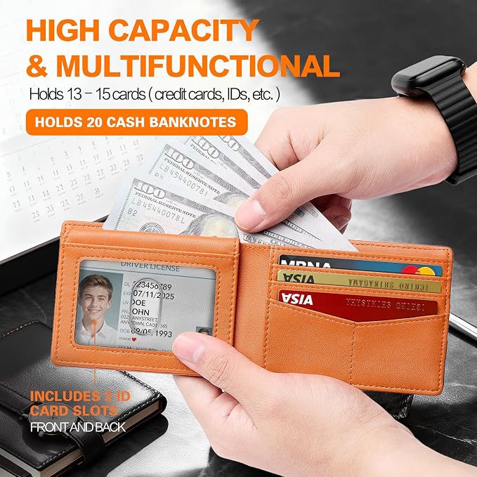 Wallet for Men Slim RFID Blocking Bifold Carbon Fiber,Minimalist Small Compact Front Pocket Credit Card Holder,Thin Mens Leather Wallets Smart Security With 2 ID windows 1 Cash (Black & Orange) - Image 3