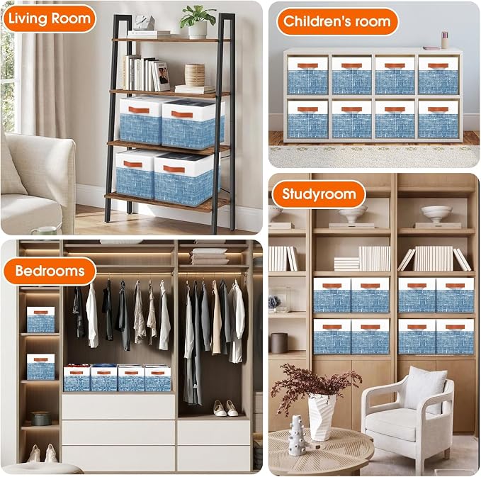 Collapsible Storage Baskets for Shelves,14"x10", 8 Pack Foldable Fabric Storage Bins with Double Leather Handles, Large Baskets for Organizing Books, Clothes, White & Blue - Image 5