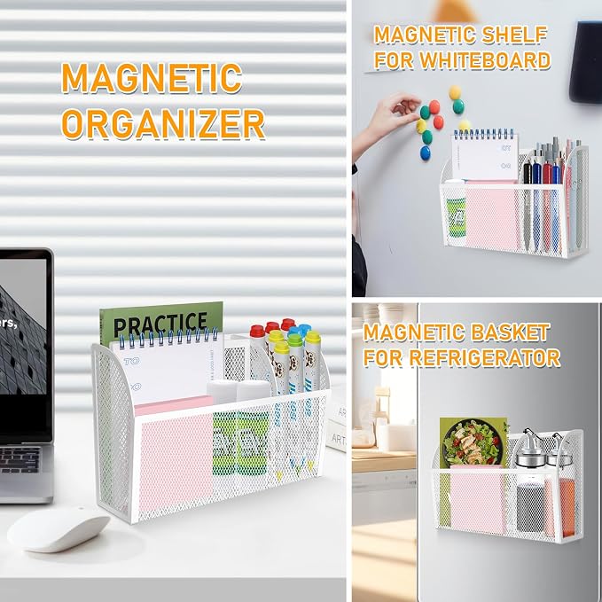 Magnetic Pencil Holder Magnetic Shelf for the Whiteboard 3-Grid Mesh Magnetic Pen Holder for Refrigerator Magnetic Organizer Locker Accessories Organizer for Office (White) - Image 4