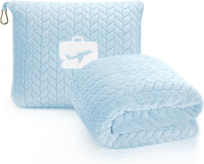 EverSnug Travel Blanket & Pillow 68x42 - Premium Ultra-Soft Microfleece 2 in 1 Compact & Packable Flight Blanket with Soft Bag Pillowcase, Hand Luggage Sleeve and Backpack Clip (Ice Blue) by EverSnug