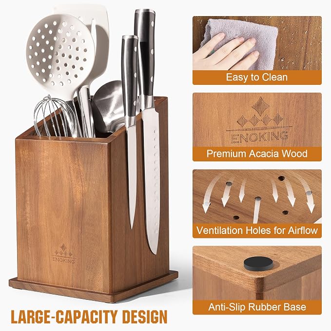 Magnetic Knife Holder without Knives, Acacia Wood Kitchen Utensil Holder with Strong Magnet, Universal Knife Block for Knives, Scissors & Utensils - Image 5