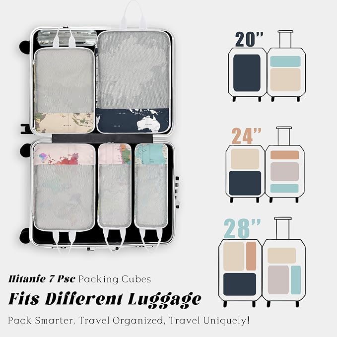 7 Pcs Compression Packing Cubes Travel for Suitcases, Luggage Organizer Washable Storage Bags Set for Backpack Travel- Packaging Cubes for Carry-Ons and Storage - Image 4