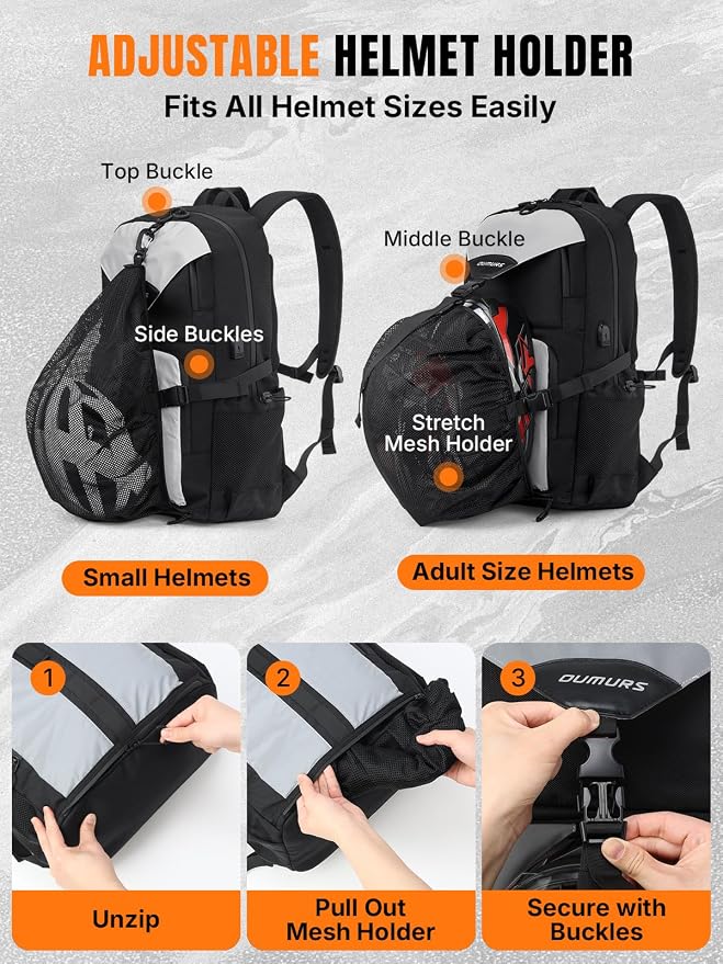 Oumurs Reflective Motorcycle Helmet Backpack, 35L Riding Backpack with Hidden Helmet Net, Hi-Vis Commuter Bag, 1680D Water-Resistant Travel Backpack with Laptop Compartment, Ventilated Back - Image 2