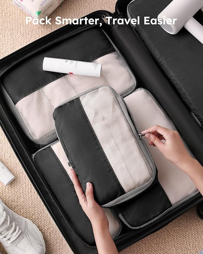 4 Set Compression Packing Cubes for Travel, Bonus Versatile Drawstring Backpack, Lightweight Luggage Organizer Bags, Sturdy Travel Accessories for Suitcase, Black - Image 7