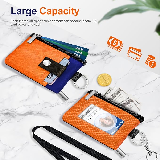 Minimalist RFID Blocking Small Wallet with ID Window,WaterResistant Zip Id Case Wallet with Lanyard Keychain for Cards,Cash,Travel,Women,Men (Orange/Sapphire Blue) - Image 7