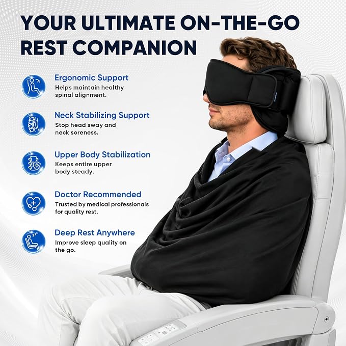 Avernio Travel Pillow with Eye Mask, 3-in-1 Airplane Sleep Support Travel Essentials for Comfort, Portable Sleep System with Neck Support Head Strap, Sleeper Hold for Flight Car Train (L Size) - Image 2