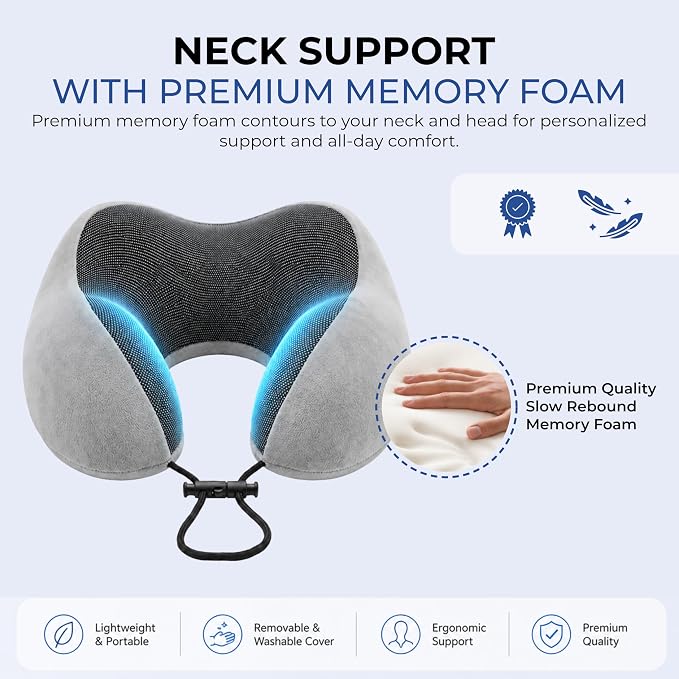 Travel Neck Pillow, Premium Memory Foam, Travel Pillow for Flights, Neck Pillow for Travelling, Ergonomic Neck Support Cushion, Lightweight & Washable Cover (Gray - U Shape) - Image 2