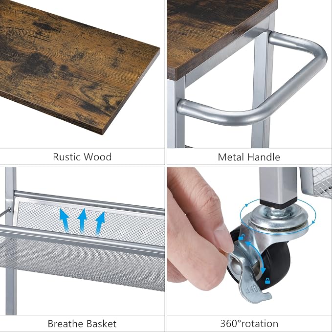 Slim Storage Cart, Metal Narrow Rolling Storage Cart for Kitchen, Silver | Wooden Top, Metal Handle, on Wheels, Shelving Unit for Small Space, Easy to Install. - Image 3