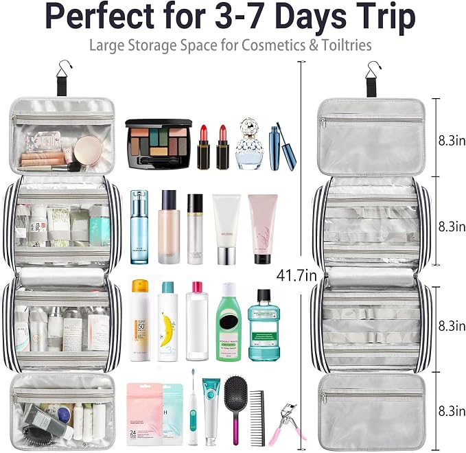 Hanging Travel Toiletry Bag,Large Capacity Cosmetic Travel Toiletry Organizer for Women with 4 Compartments & 1 Sturdy Hook,Perfect for Travel/Daily Use/Christmas - Image 3