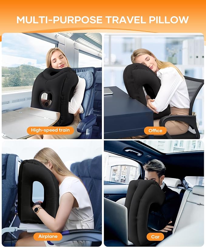 Sunany Travel Pillow, Upgraded Plane Pillow for Long Flights, Inflatable Neck Pillow Used for Airplanes,Cars,Buses,Trains,Office Napping with Eye Mask,Earplugs (Black) - Image 7