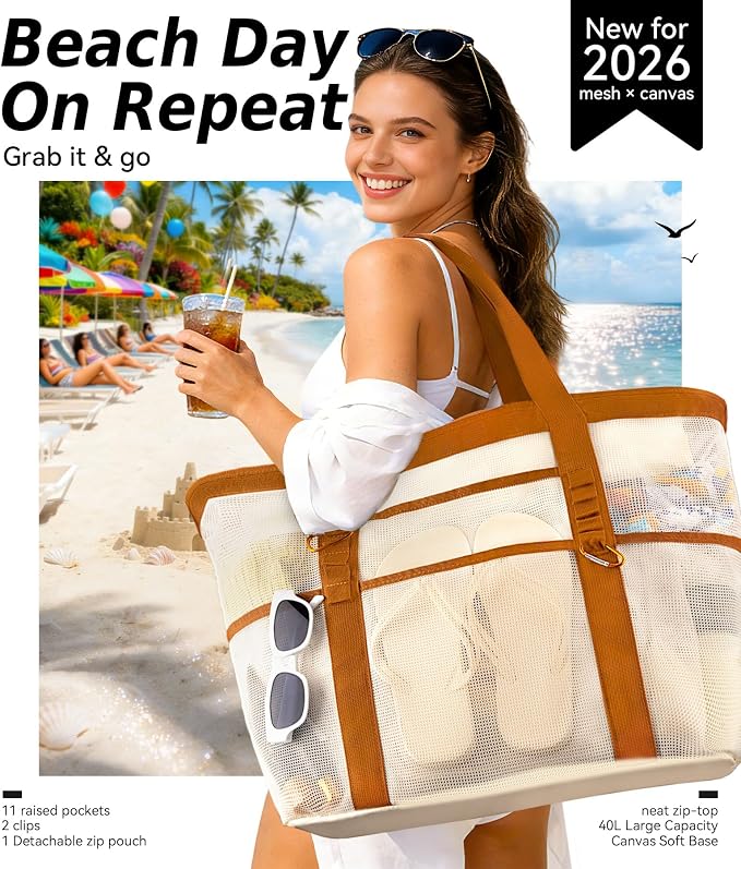 Chic Cruise Essentials Beach Bag for Women, Large Zip Top Tote, 11 Pockets | 40L+ Spacious;Mesh × Canvas;Zipper Pouch;Secure Zip-Top;Sand-Resistant Base - Image 2