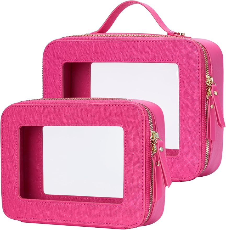 Clear Makeup Bag Travel Cosmetic Case Transparent Toiletry Bag with Zipper, Portable Make Up Organizer Traveling Compact Car Bag for Essentials, Hotpink, Medium and Large by POPVIBE