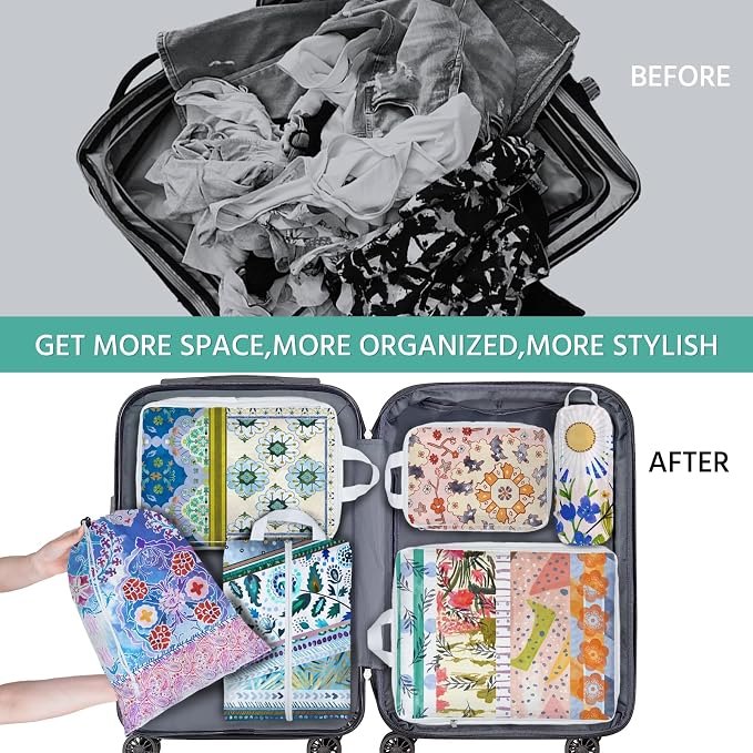 6 Pcs Compression Packing Cubes Waterproof Suitcase Travel Bag Luggage Backpack Organizer Travel Cubes for Packing-Pink and Green Bohemian - Image 4