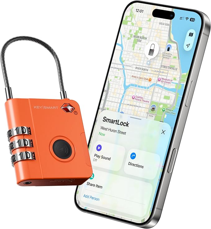 KeySmart SmartLock Tracking Luggage Locks, TSA Locks for Luggage, Combination Lock Compatible with Apple Find My App, Best Travel Essentials, Replaceable Non-Rechargeable Battery (Orange 1 Pack) by KeySmart
