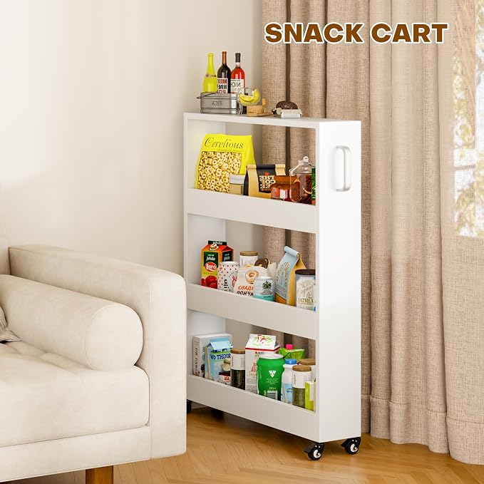 Slim Storage Cart, Lightweight 4 Tier Metal Rolling Utility Kitchen Cart on Wheels, Mobile Storage Shelving Unit Organizer for Bathroom Laundry Office Narrow Places (4 Tier-White, 6" D) - Image 5
