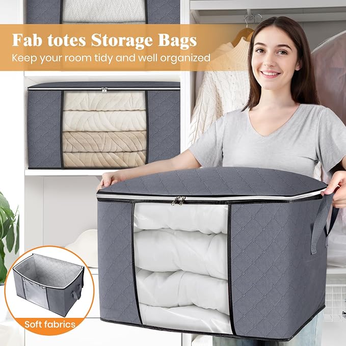90L Clothes Storage, Foldable Thick Fabric Blanket Storage Bags | Foldable Containers with Zippers,Window and Handles for Organizing Bedroom, Closet, Comforter, Bedding,Dorm essentials - Image 5
