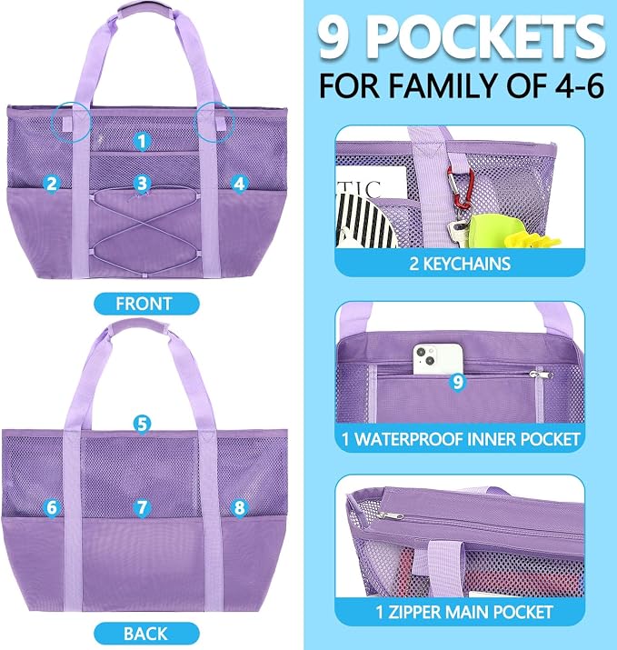 Fammart Mesh Beach Bag for Women, Large Beach Toy Pool Bag with Zipper Pocket, SandProof Cruise Essentials 2026 Family Travel - Image 4