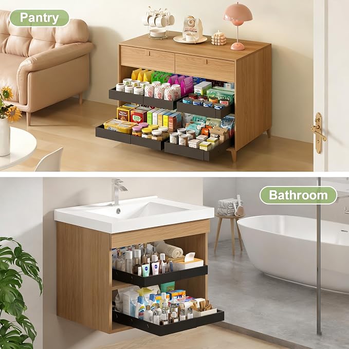 2-Pack-Expandable-Pull-Out-Cabinet-Organizers, No Drill Slide Out Drawers | Adjustable Pull Out Shelf With Raising Pad For Kitchen Framed Cabinet, Heavy Duty Sliding Roll Out Drawers Inside Cabinet - Image 2
