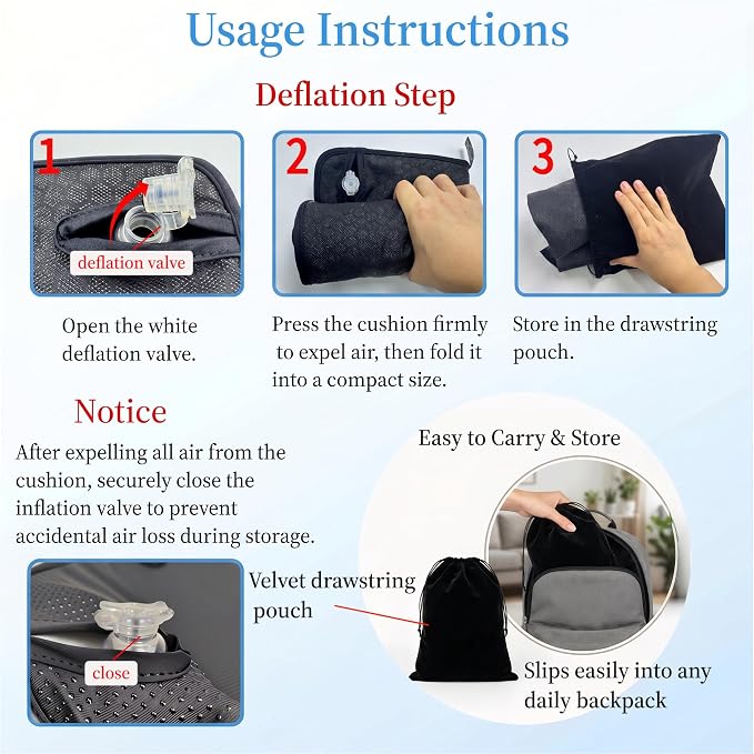 Inflatable Airplane Seat Cushion No Pump for Long Flights Travel | Pressure-relieving inflatable seat cushion, press-inflate, foldable portable for long flights, office and car use - Image 7