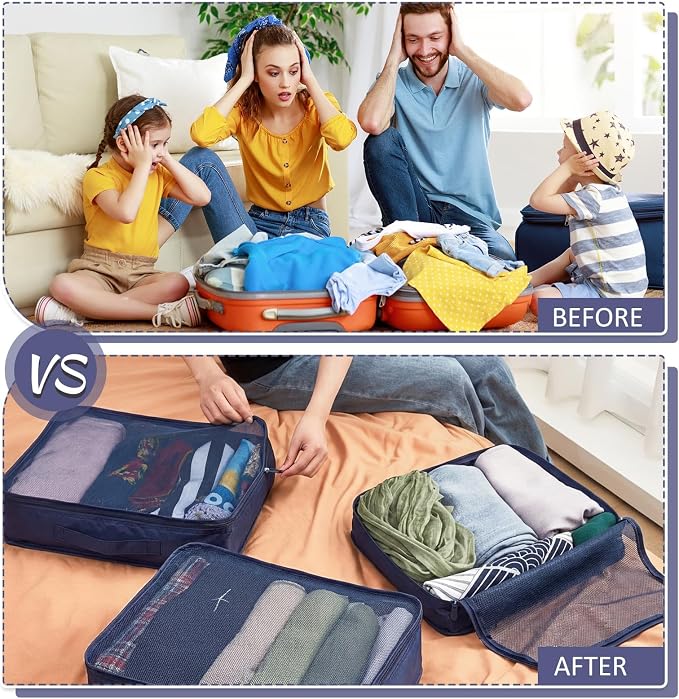 Silkfly 8 Pcs XL Packing Cube for Travel Luggage,Simple,Navy Blue | 17.7 x 13 x 4.7, Same Size, Navy Blue Suitcase Storage Organizer Set, Reusable Mesh Clothes Cube for Hiking Camp Family - Image 3